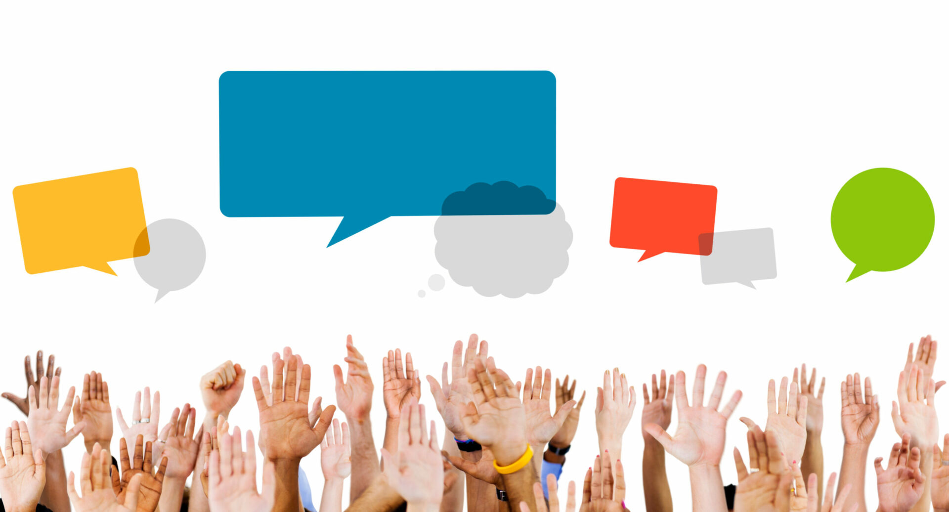 Multiethnic Hands Raised with Speech Bubbles