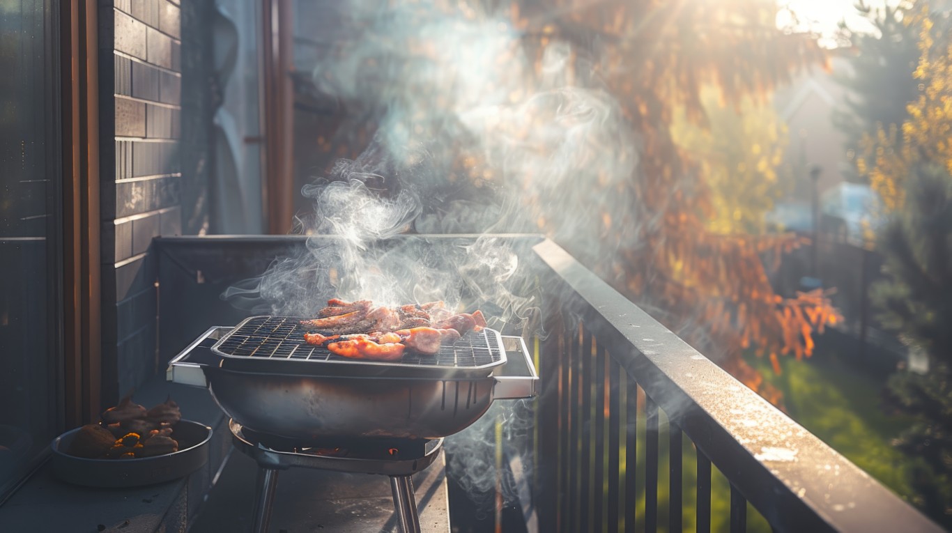 Smoke rising from a barbecue grill on a balcony during a sunny day, capturing the essence of outdoor cooking and relaxation. Concept of summer, outdoor activities, and leisure.