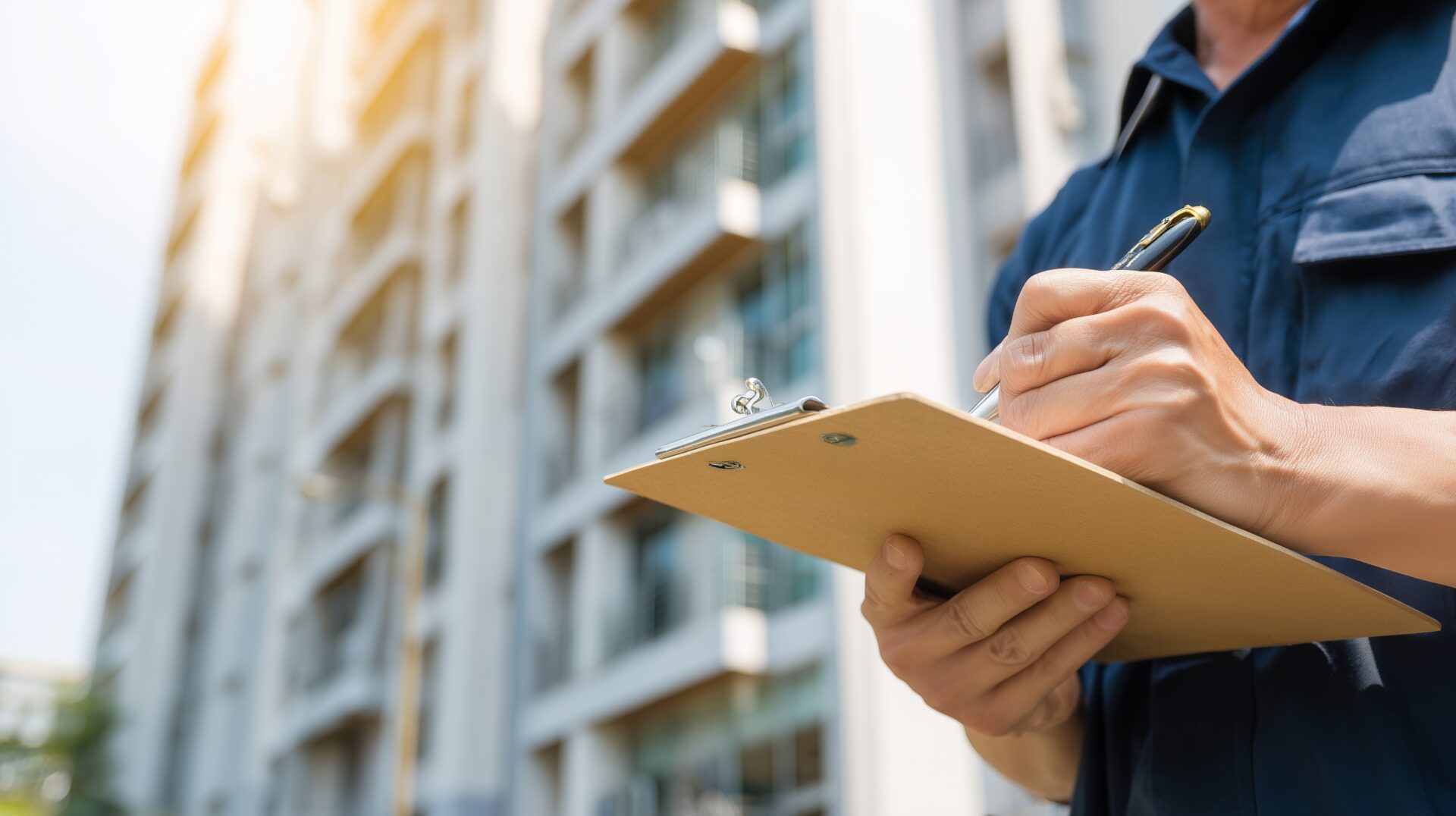 Close-up of a professional’s hands writing on a clipboard, overlooking a modern residential tower under bright sunlight, concept for property management, quality inspection and real estate investment