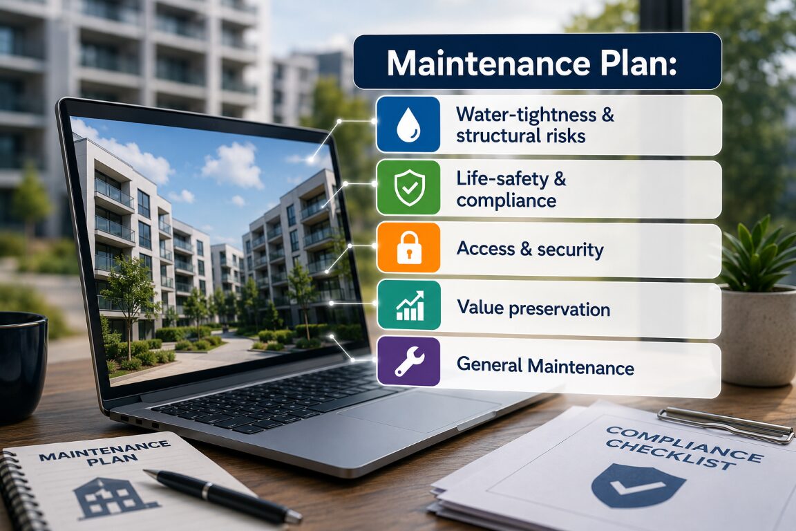 Maintenance Plan (Medium) Laptop with text Maintenance Plan: Water-tightness & structural risks Life-safety & compliance Access & security Value preservation General Maintenance