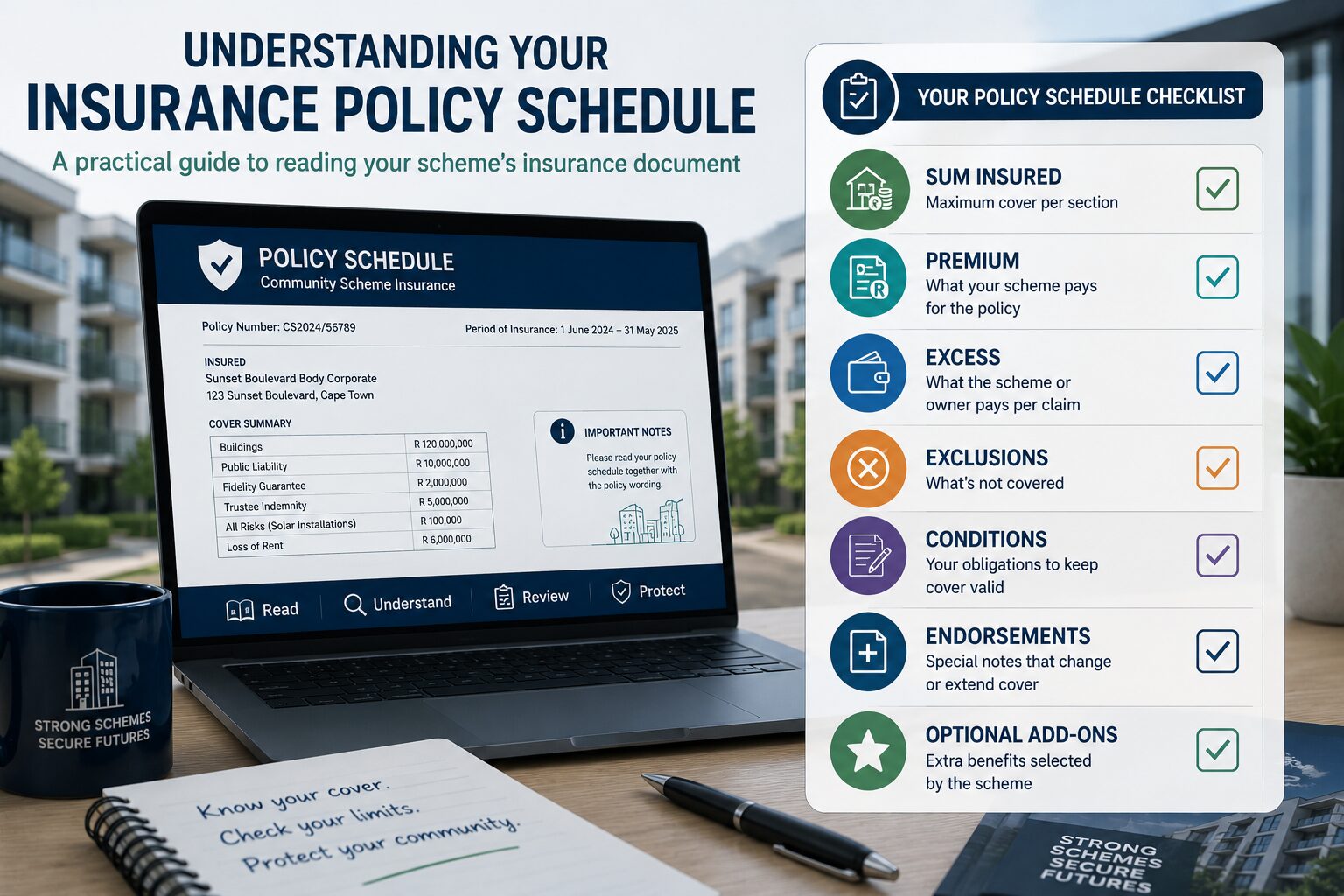 Checklist covering: Key Terms Sum Insured Maximum cover per section Premium What your scheme pays for the policy Excess What the scheme or owner pays per claim Exclusions What’s not covered Conditions Your obligations to keep cover valid Endorsements Special notes that change or extend cover Optional Add-ons Extra benefits selected by the scheme